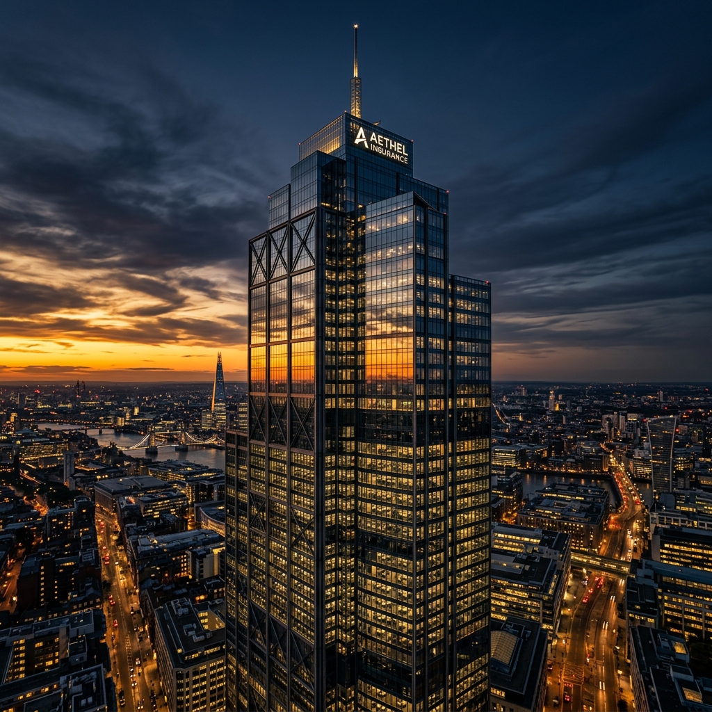 Insurance corporate tower at dusk