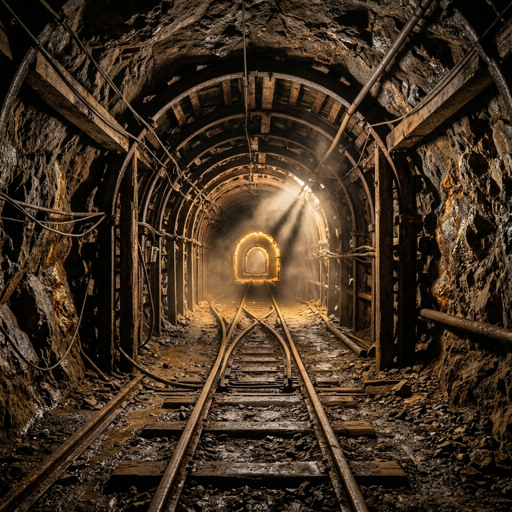 Mine tunnel with dramatic lighting